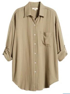 PREMIUM LINEN BUTTON-UP OLIVE RIP CURL Women's Relaxed Button-Down Shirt NWT